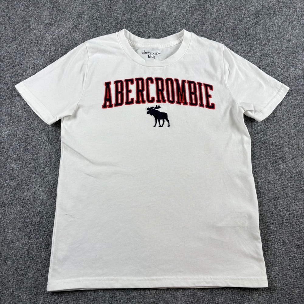 Abercrombie Kids T-Shirt Kids 11/12 White Embroiderd Moose Graphic Logo Y2K Tee